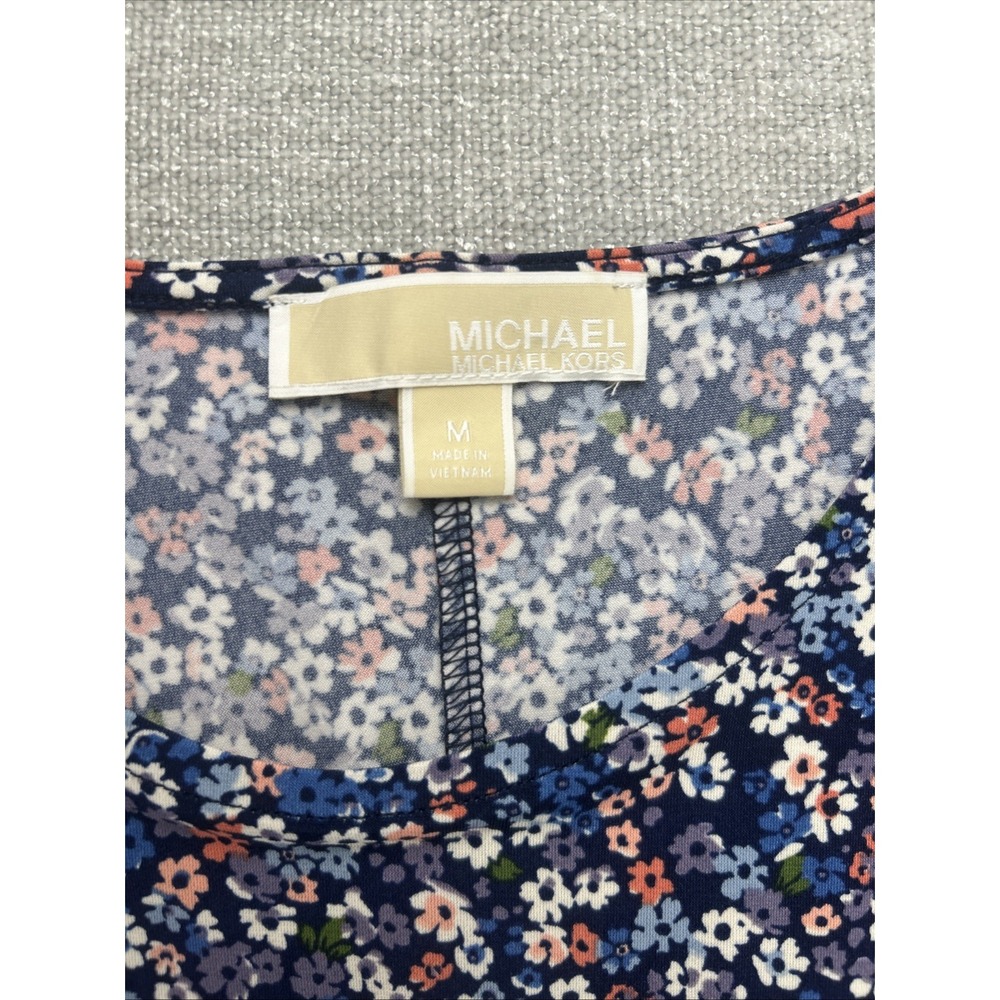 Michael Kors Women's M Floral Blue Stretch Shift Dress Ruffled Hem - Picture 3 of 7
